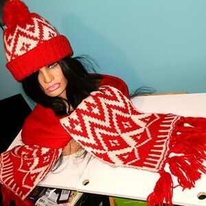 Old Navy Red & White Tribal Scarf & Hat Set